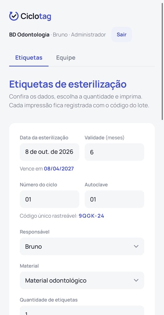 Ciclotag no iPhone: data da esterilização, validade, ciclo, autoclave, código rastreável 9QGK-24, responsável e material.