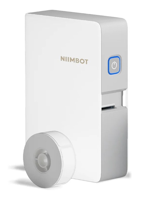 Impressora de etiquetas Niimbot N1, branca, com um rolo de etiquetas.